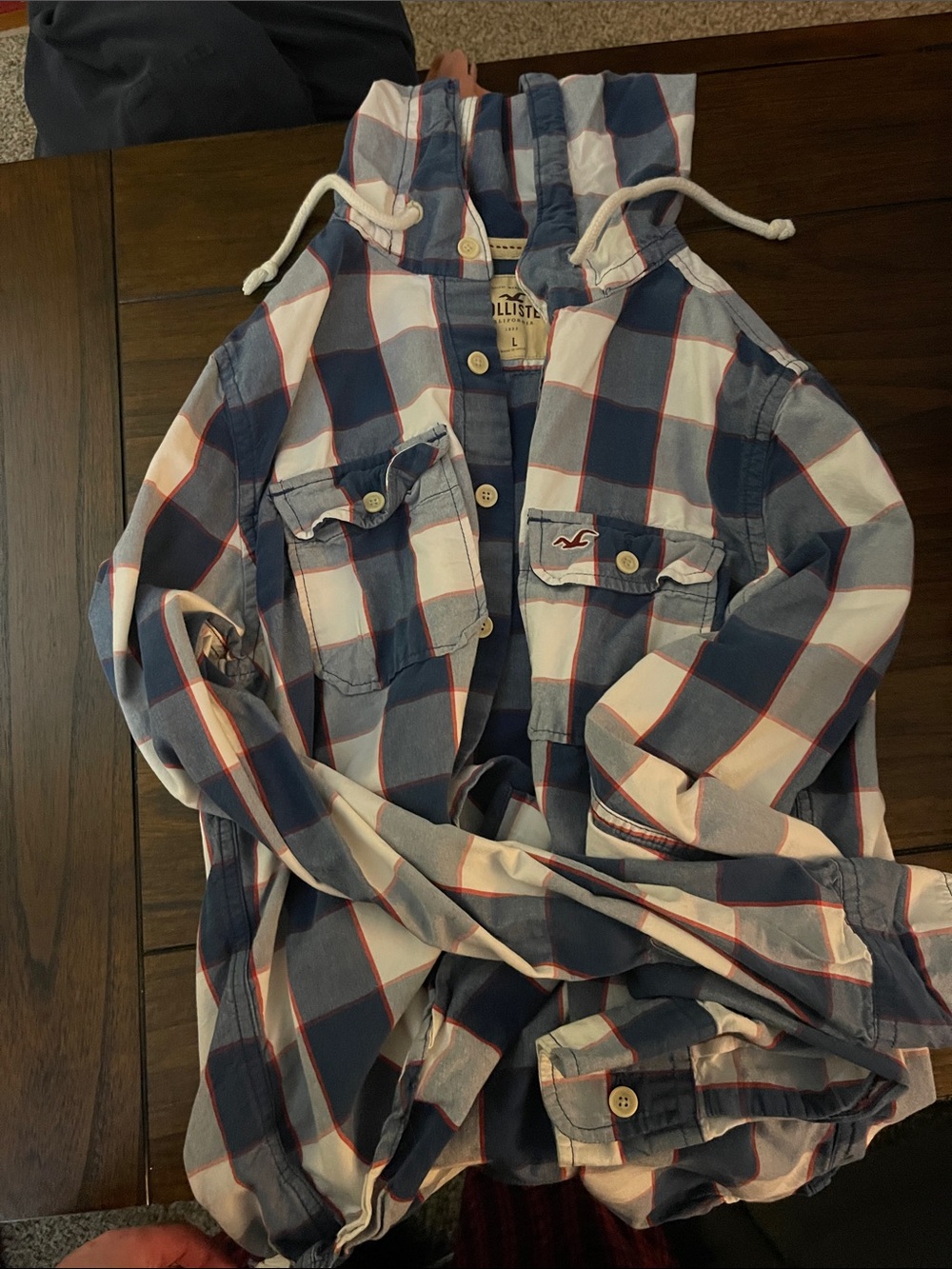 Hollister Blue, White & Red Plaid Hooded Button-Up